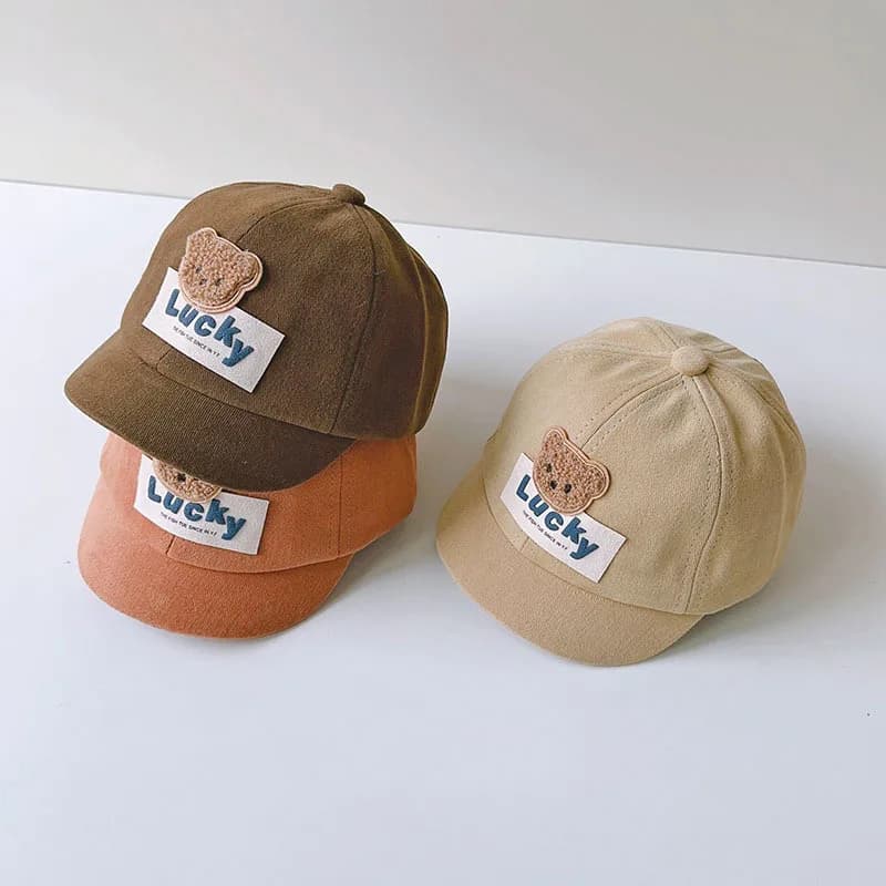 Cappellino da baseball per bambini con visiera a becco d'anatra, in cotone tinta unita, con orsetto carino, per protezione solare, 1-3 anni