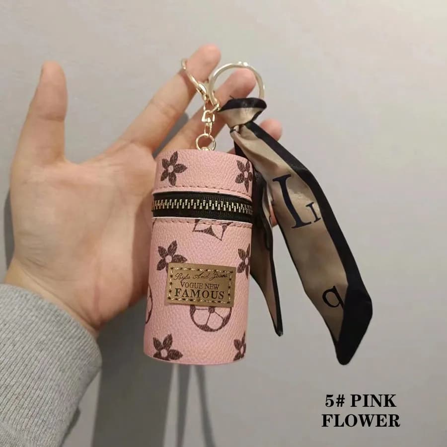 1pc Stylish Cylindrical Lipstick Case Keychain - PU Leather Monogram Bag Charm with Scarf