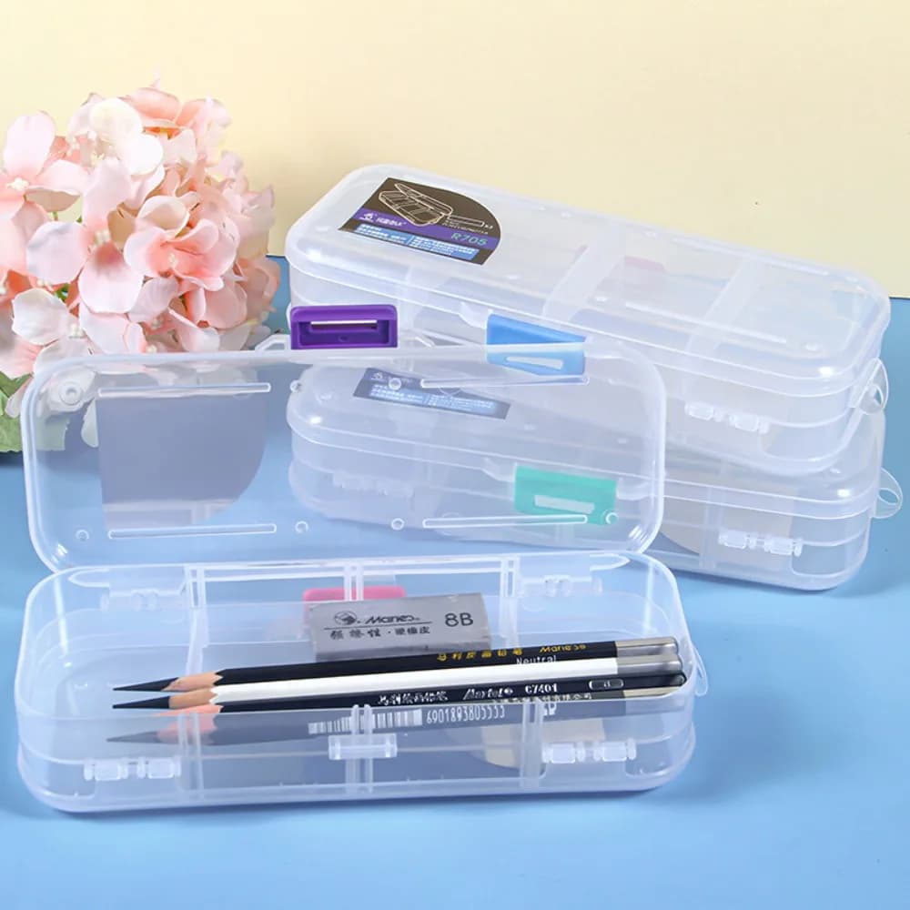 Portable Double Layer Pencil Case Pencil Storage Large Capacity Pencil Box Clear Plastic Stationery Case Office