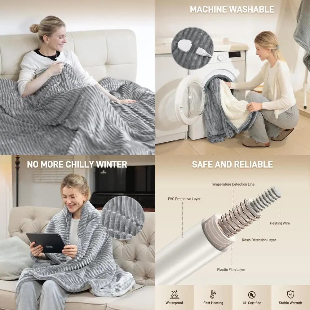 Coperta elettrica in flanella king size 100x90 con 10 timer, 6 livelli di calore, lavabile in lavatrice, protezione da surriscaldamento - Grigio
