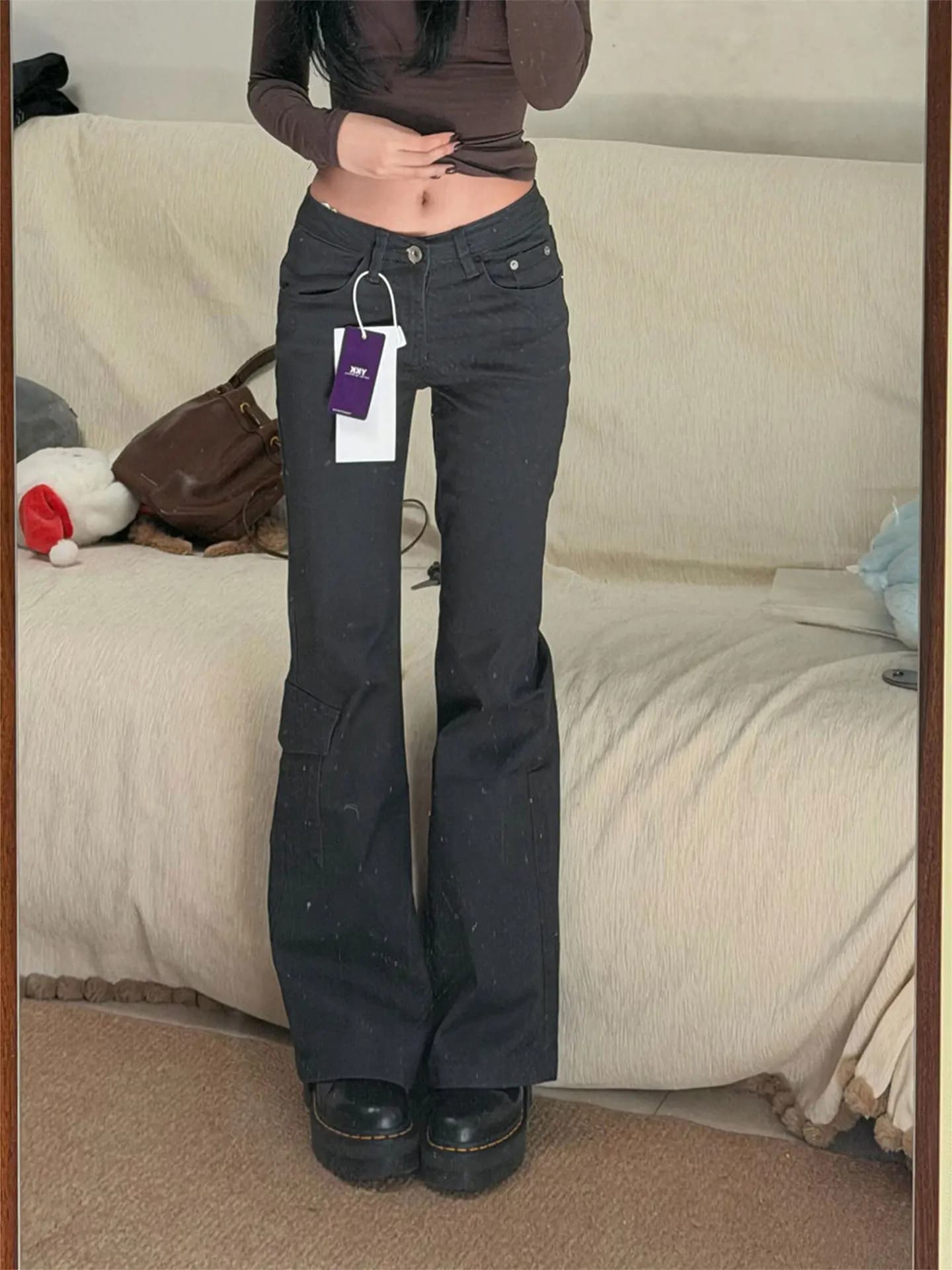 Low Waist Workwear Style Flared Jeans Women's Summer Fashion Pleated Cotton Stretch Denim Bootcut Pants Trendy Chic Lady
