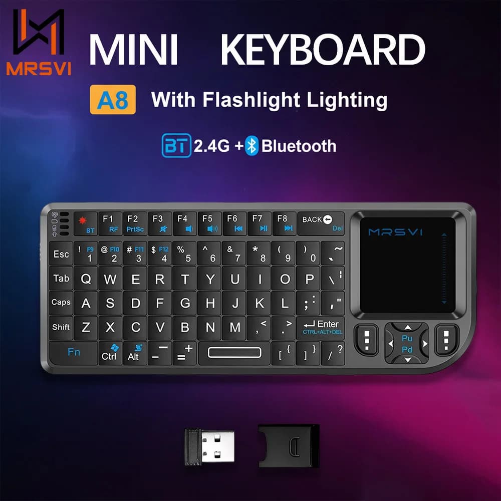 Mini keyboard MRSVI A8 2.4G and Bluetooth with backlight, touchpad, mouse, torch - Portable - Perfect for Android, PC, Smart TV Box