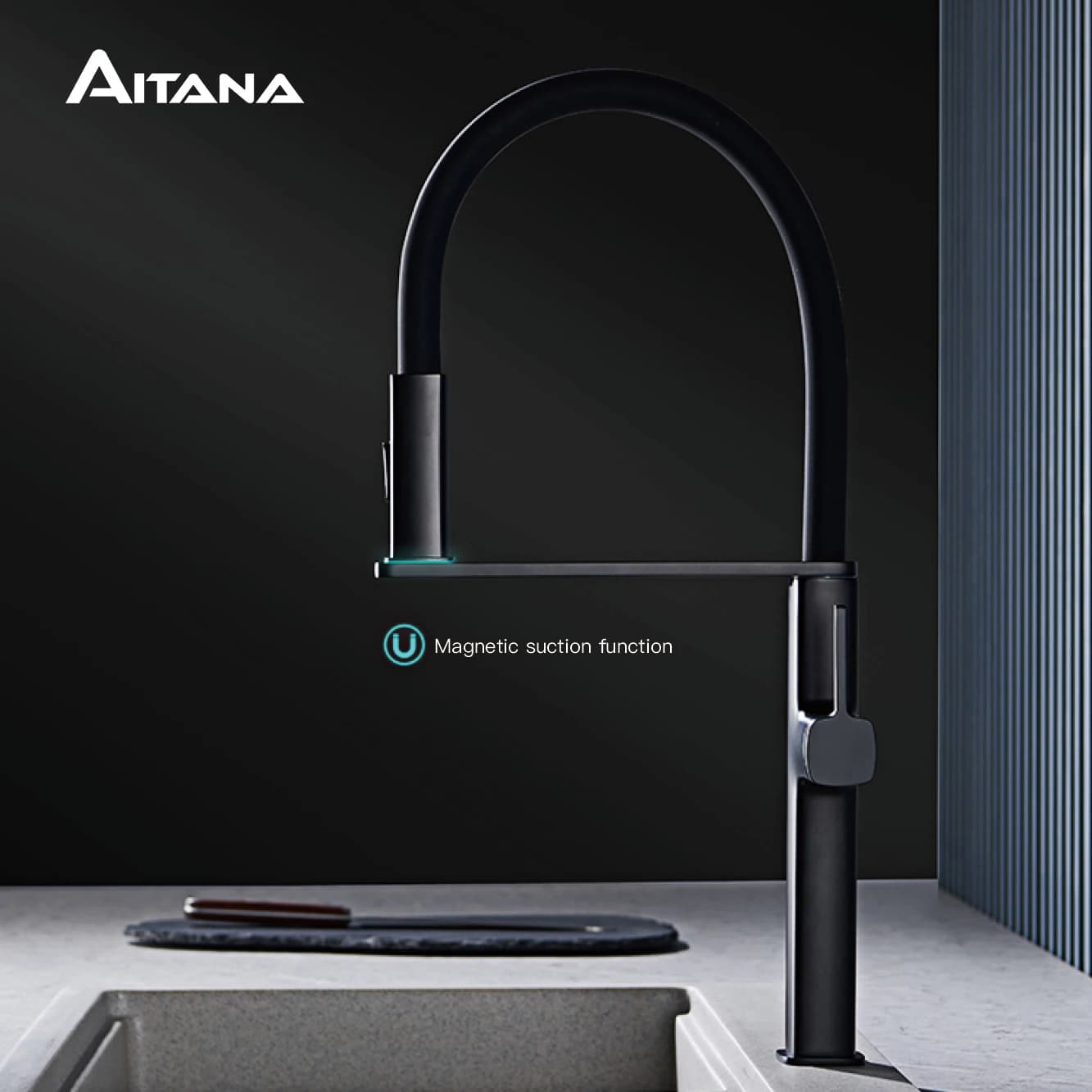 Rubinetto da cucina di lusso in ottone nero dal design semplice, miscelatore per lavello con acqua calda e fredda estraibile con aspirazione magnetica