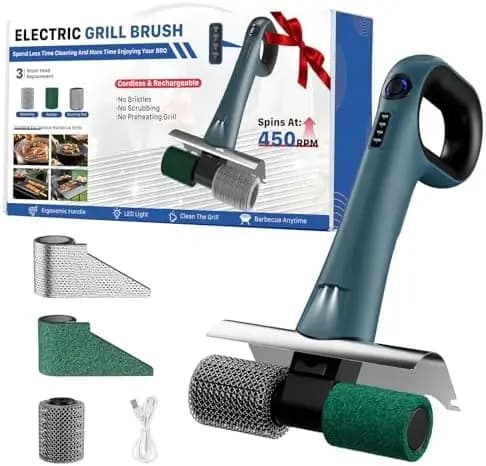 Spazzola per barbecue ricaricabile senza fili Hillyfe – 3 testine, luce LED, raschietto senza setole, blu – Regalo perfetto per gli amanti del barbecue