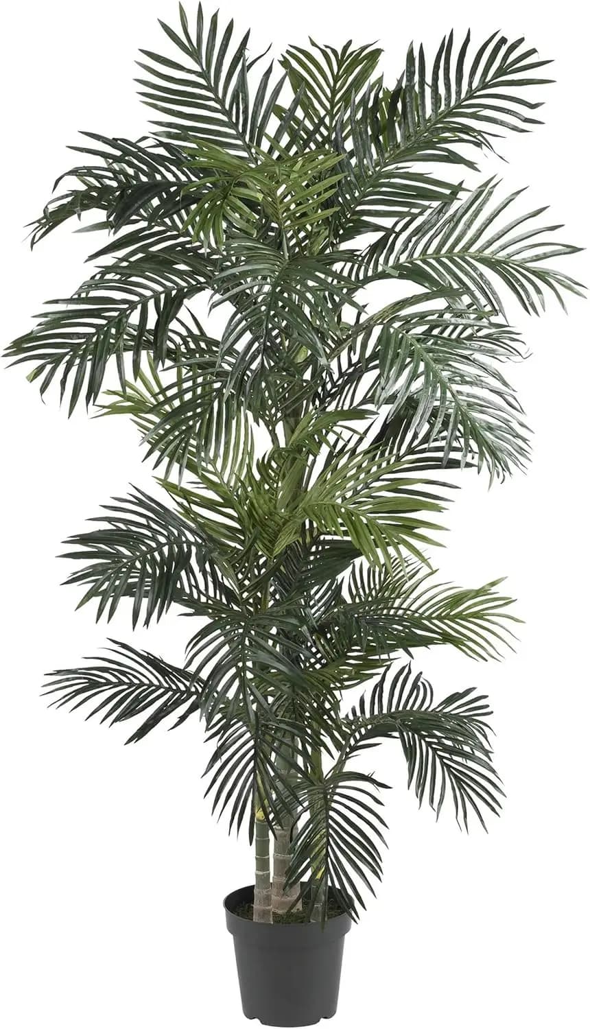 6.5 Foot Three Textured Trunk Artificial Golden Cane Palm Tree Flexible Lifelike Silk Fronds Low Care Potted Tropical Indoor Plant