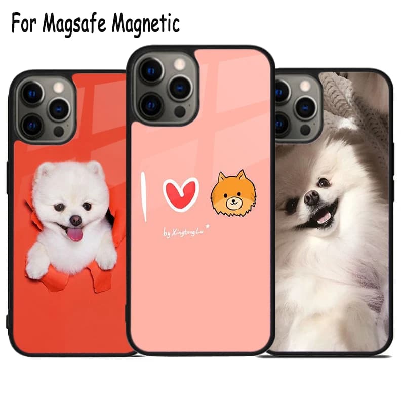 Divertente e Carina Custodia Wireless per iPhone con Cane Pomeranian per iPhone 17 Air 15 16 16e 14 13 11 12 Pro Max Plus, Cover Magnetica Bumper Magsafe