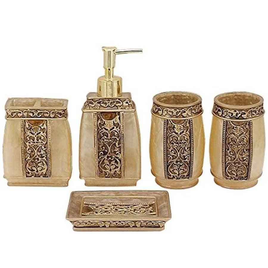 Set di 5 Accessori per il Bagno in Acciaio Inox Dorato: Dispenser di Sapone, Portaspazzolino, Bicchiere, Portasapone per Bagno Moderno