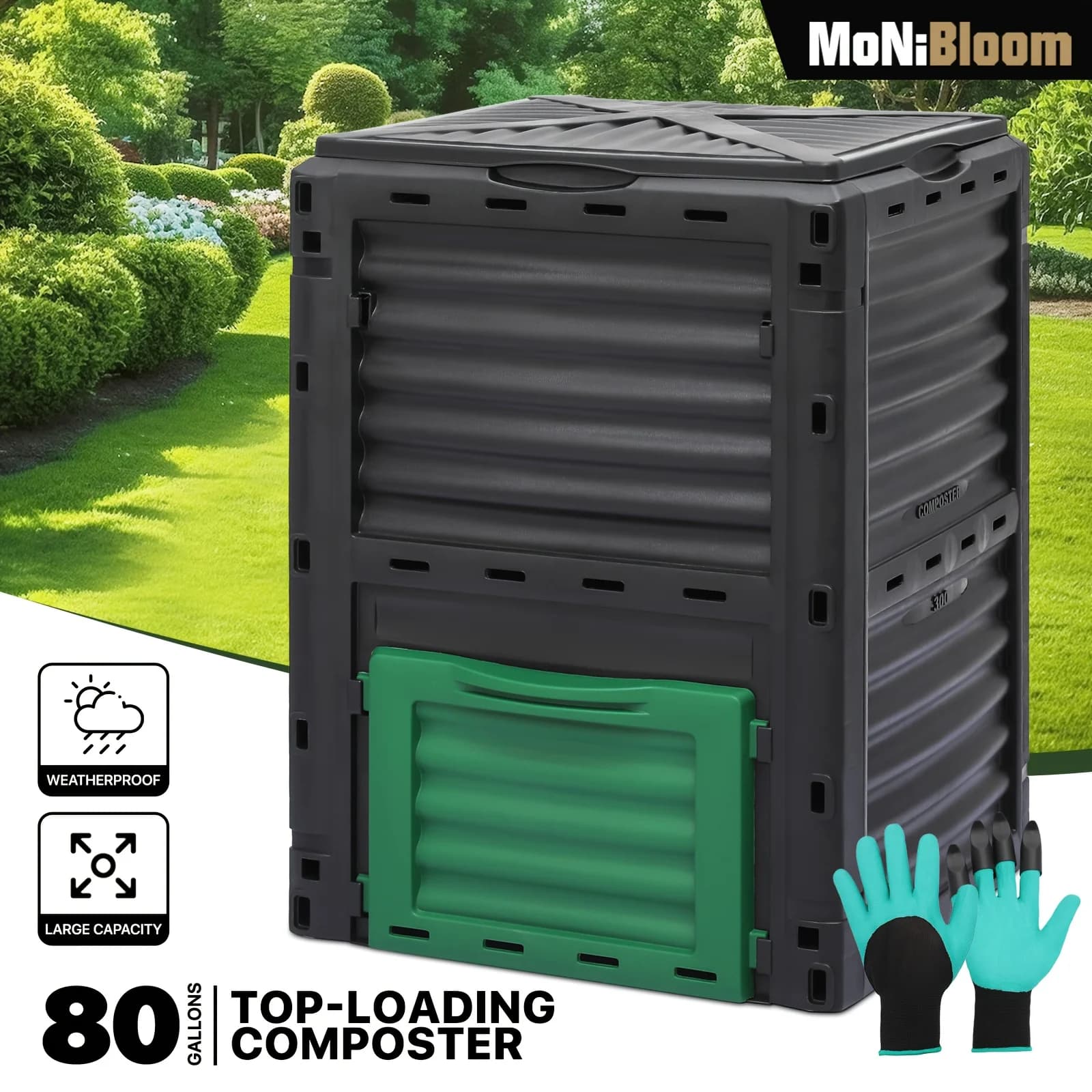 Compostiera Monibloom da 80 Galloni, Contenitore Rotante per Esterni Senza BPA per Giardino e Patio, Camera di Compostaggio Rapido per Tutte le Stagioni