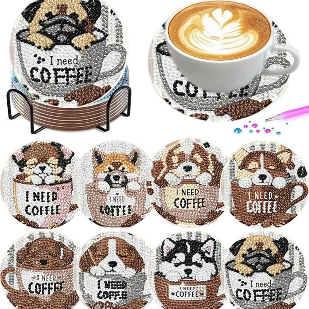 Set di 8 sottobicchieri con diamantini e supporti, serie fai-da-te con simpatici motivi di animali domestici.