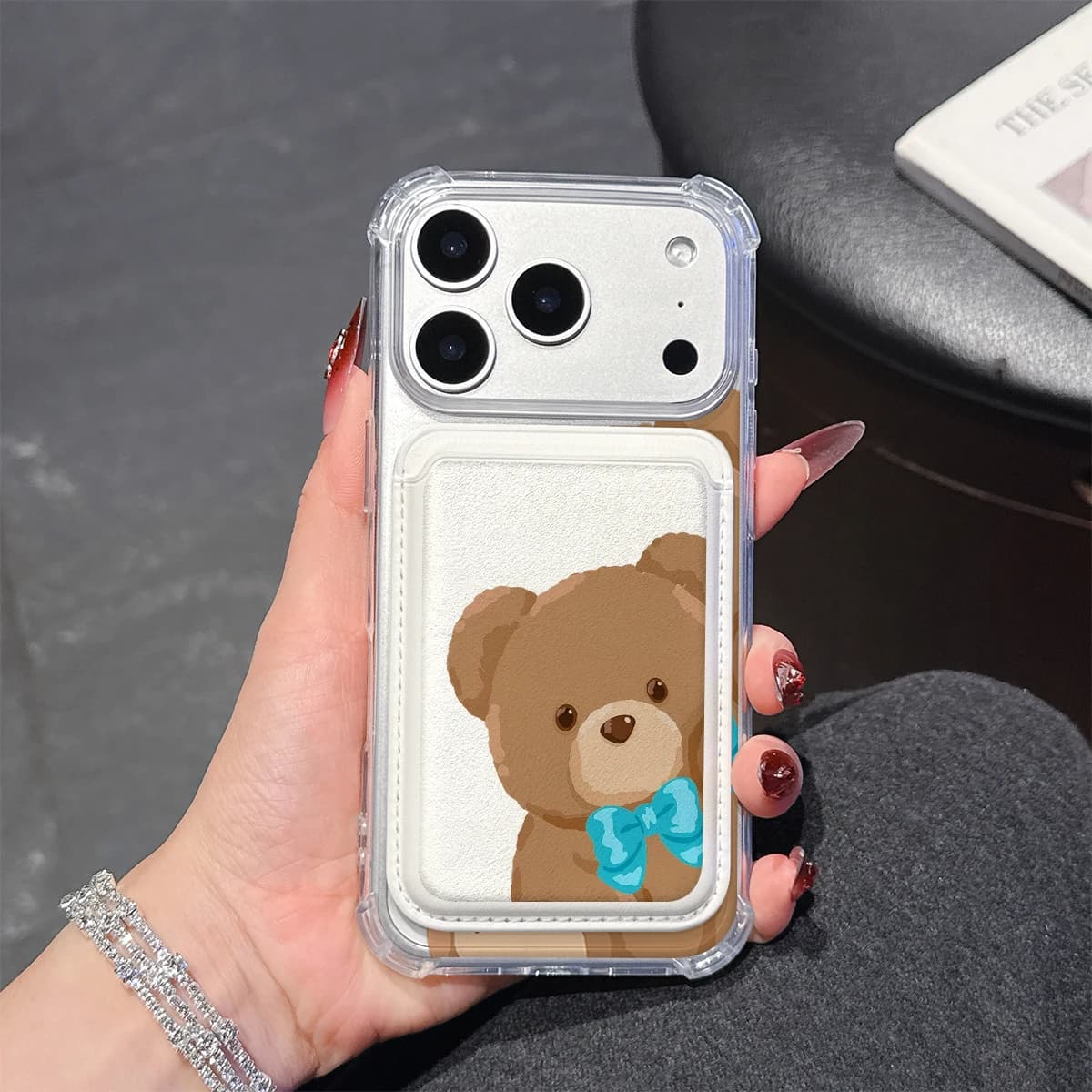 Custodia per telefono Teddy Bear per iPhone 17 16 15 14 13 Pro Max Plus, con tasca portafoglio, trasparente, morbida in TPU, compatibile con custodie magnetiche