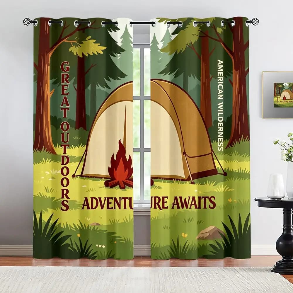 Camping Scene Print Curtains, Rustic Nature Forest Adventure Blackout Curtains, 2-Pcs Decorative Window Drapes for Bedroom