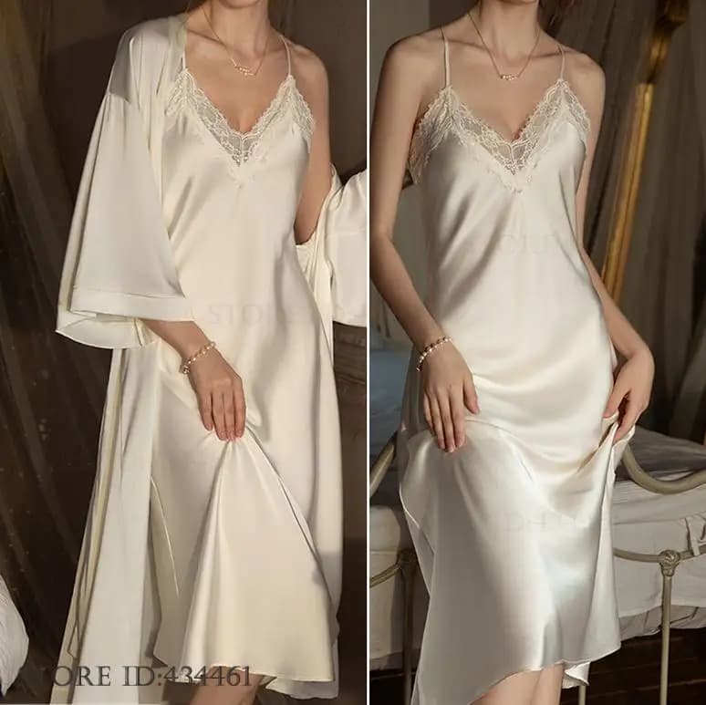 Plus Size Long 2 PZ Dress Night Shirt Set Pigiama Elegant Kimono Bathrobe Dress Nightwear Sexy Women's Summer Homewear Pigiama