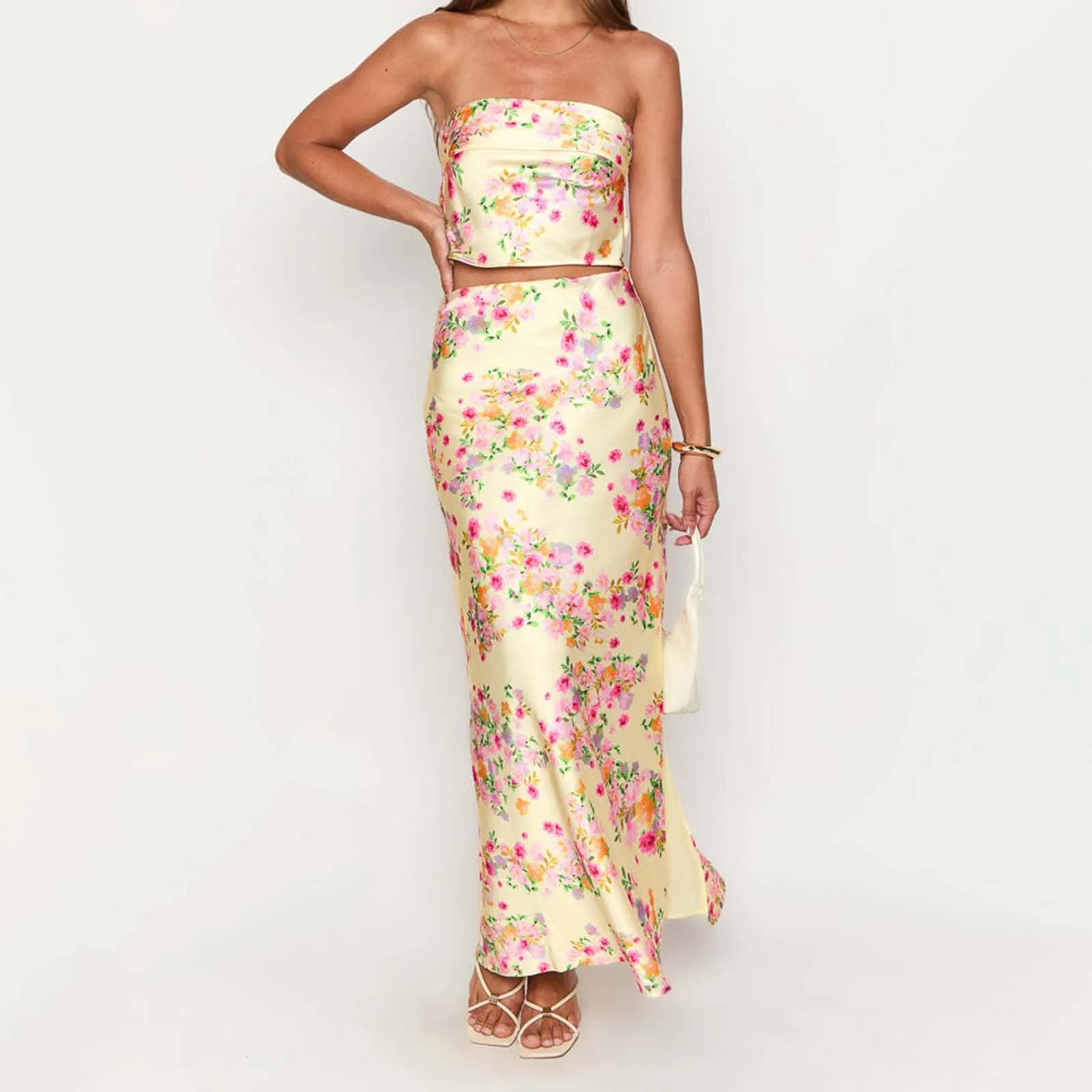 Stylish Solid Floral Print Strapless Tops and Slit Long Skirt 2 Pcs Set Women Summer Outfit