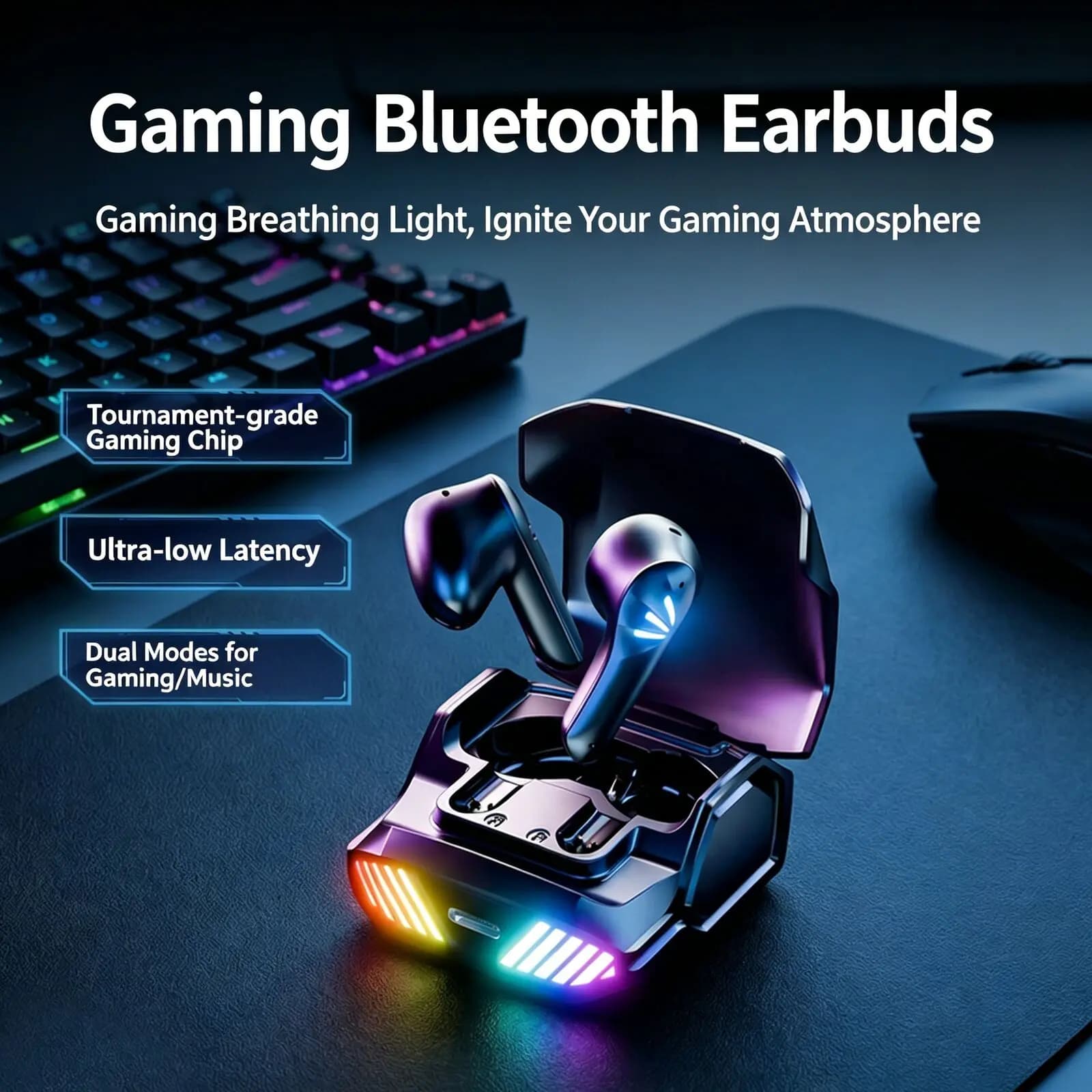 Cuffie da Gaming Bluetooth 5.4 a Bassa Latenza con Doppio Chip, Luce RGB Respirante, Display Digitale e Design Meccanico In-Ear