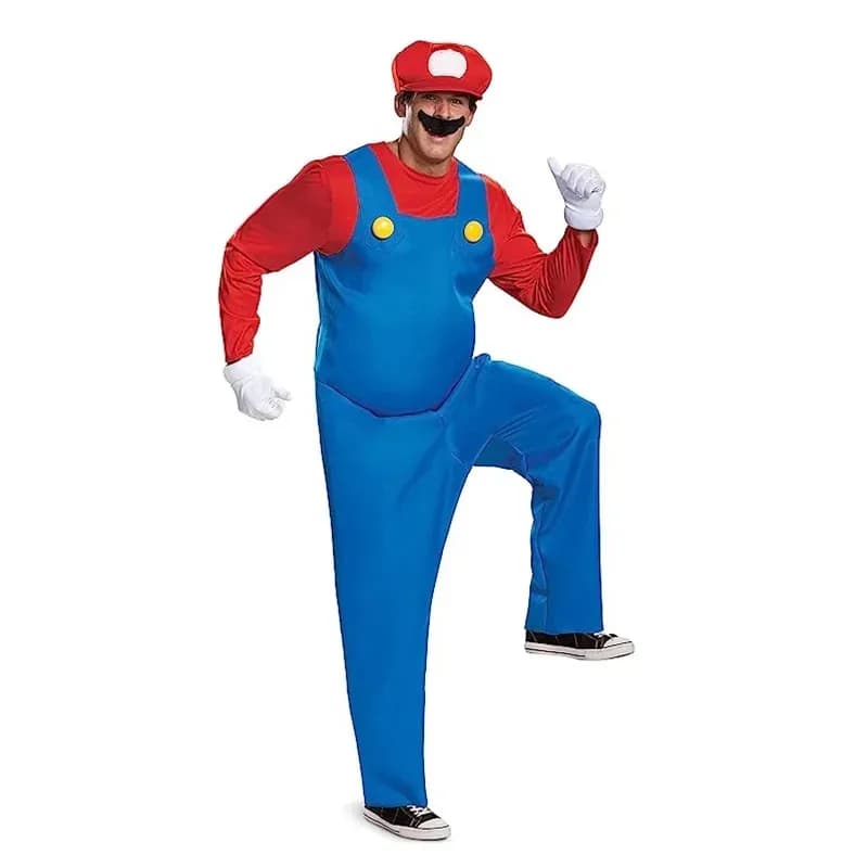Adults Plumber Costume with Hat Mustache Gloves Jumpsuit Halloween Party Dress Up Plumber Cosplay Outfit for Men and Women