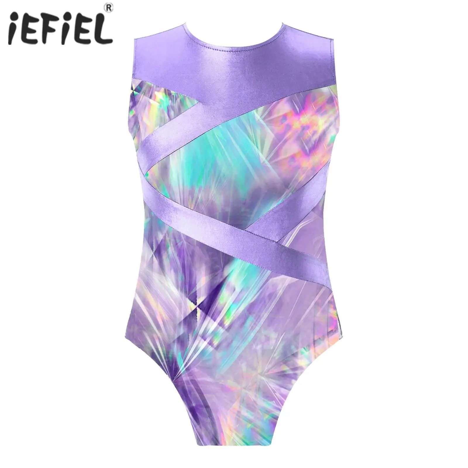 Costume da bagno per bambina, costume da bagno per pattinaggio ginnico ritmico, per danza classica, body metallizzato stampato, girocollo, tuta scavata