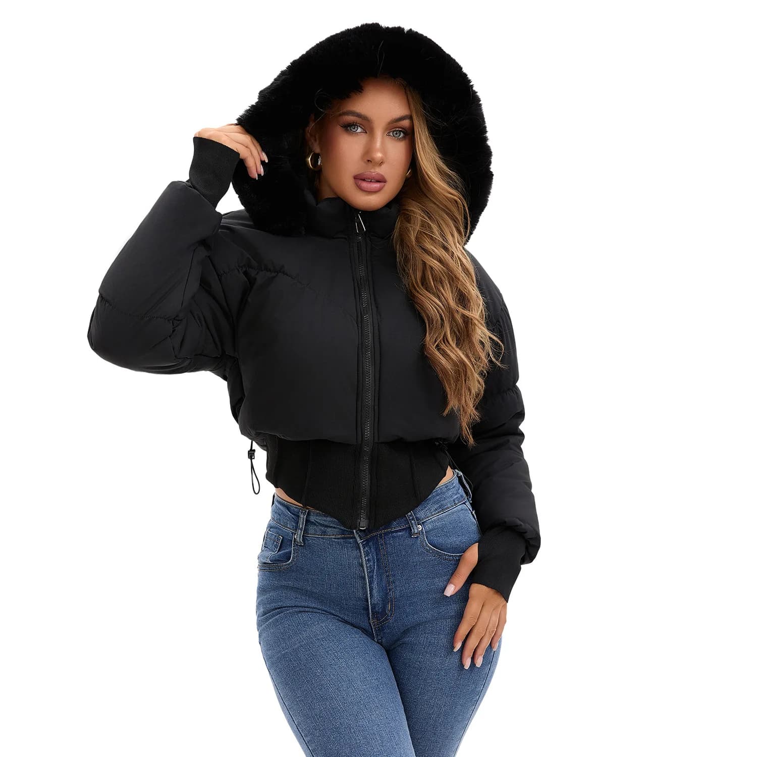 Giacca in Cotone Caldo e Spesso da Donna con Cappuccio, Ampio Collo in Pelliccia e Design con Cintura, Nuovo Arrivo Autunno Inverno, Lavorata a Maglia
