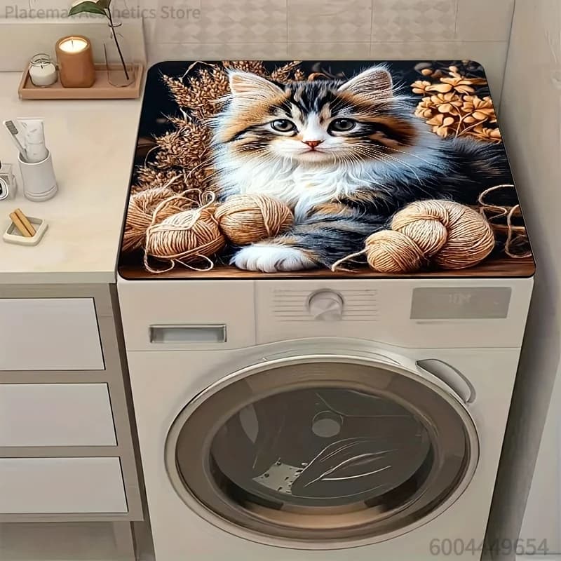 Tappetino copripolvere per lavatrice con motivo decorativo gatto e filato, tappetino in poliestere morbido e assorbente per asciugare piatti, rubinetti, ecc.