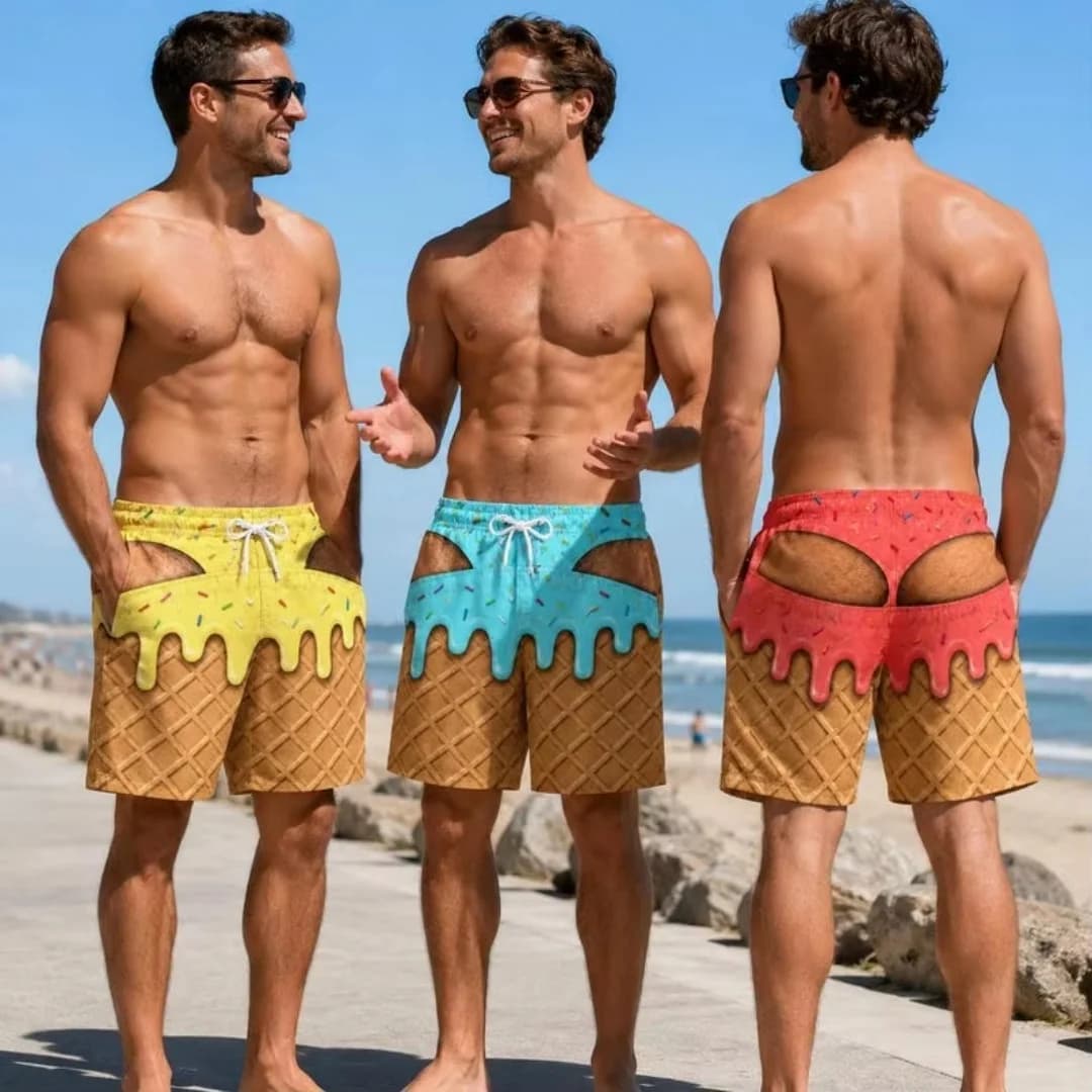 Fun Men's Swim Trunks Ice Cream Cone Beach Pants Fake Butt Beach Shorts Spoof Gift for Him Sexy Cut Out 3D Waffle Board Shorts