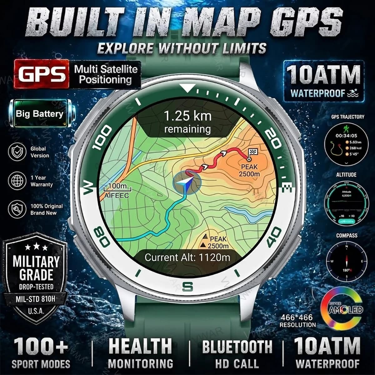 2026 New ULtra Military Grade Smart Watch with Offiline Map 5ATM Waterproof GPS Compass HD call AMOLED 170+Sports Smartwatch
