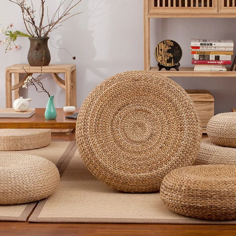 Premium Elegant Sturdy Thickened Round Rattan Woven Floor Cushion, Japanese Tatami Zen Meditation Mat for Home Floor and Balcony