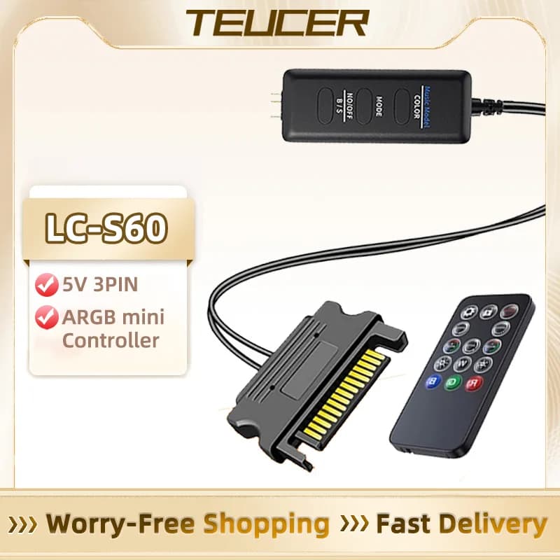 Cavo controller ARGB TEUCER LC-S60 Controller di estensione interfaccia da 5 V 3 pin a SATA con telecomando per ventola di raffreddamento del PC