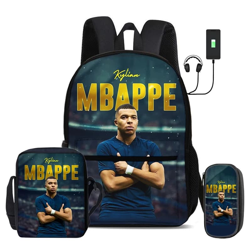 M-Mbappe 3 Pcs Set School Bags Backpack with USB interface Football Star with Shoulder Bag Sports Pencil Bag Kids Rucksack