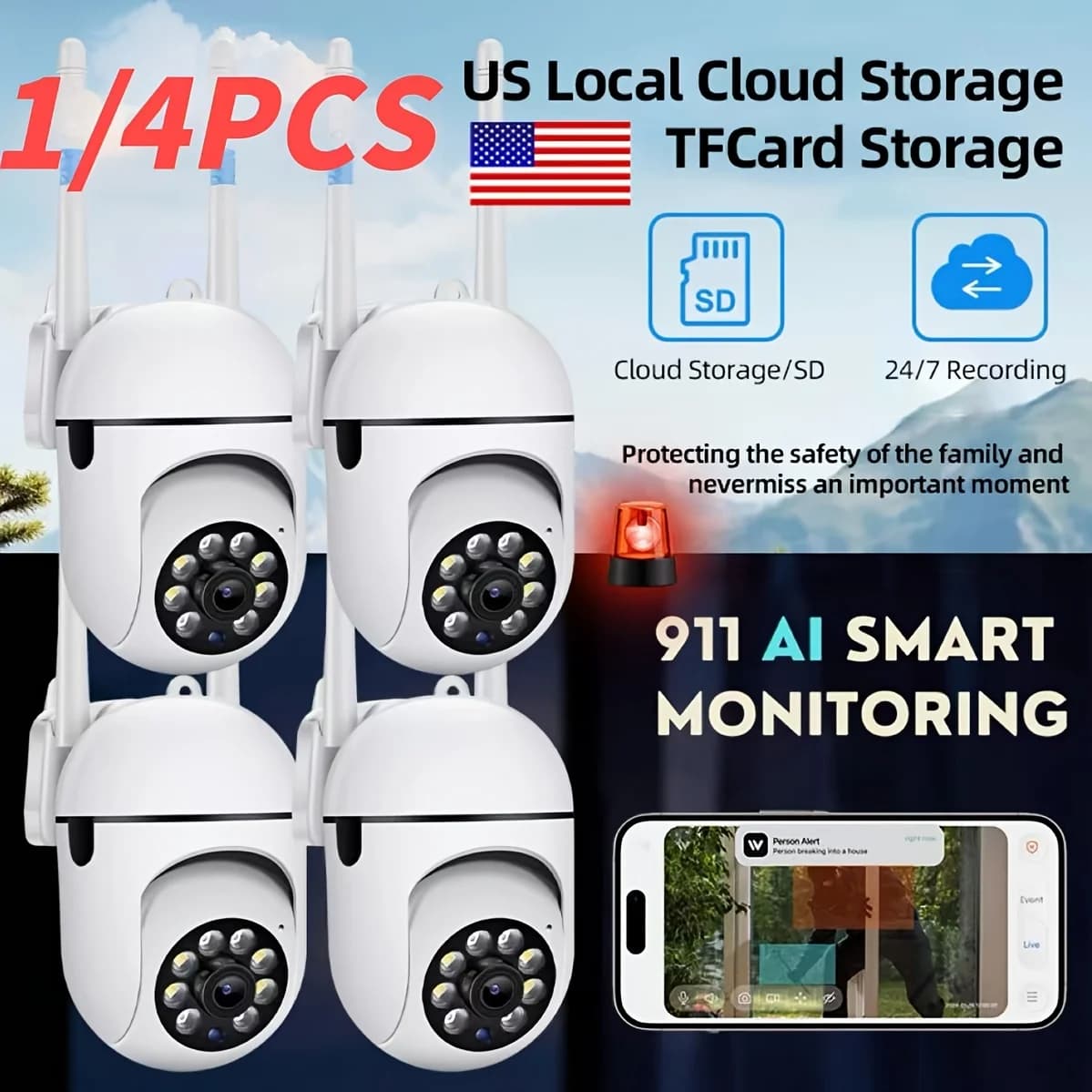 1/4 pz. Telecamere di sicurezza wireless Hawkray 911 con allarme Wi-Fi 2.4/5G | Telecamera per Soggiorno con Cloud Locale USA, Full HD 2K, Visione Notturna a Colori, Audio Bidirezionale, Controllo PTZ, Rilevamento Movimento PIR Intelligente, Visualizzazione Remota
