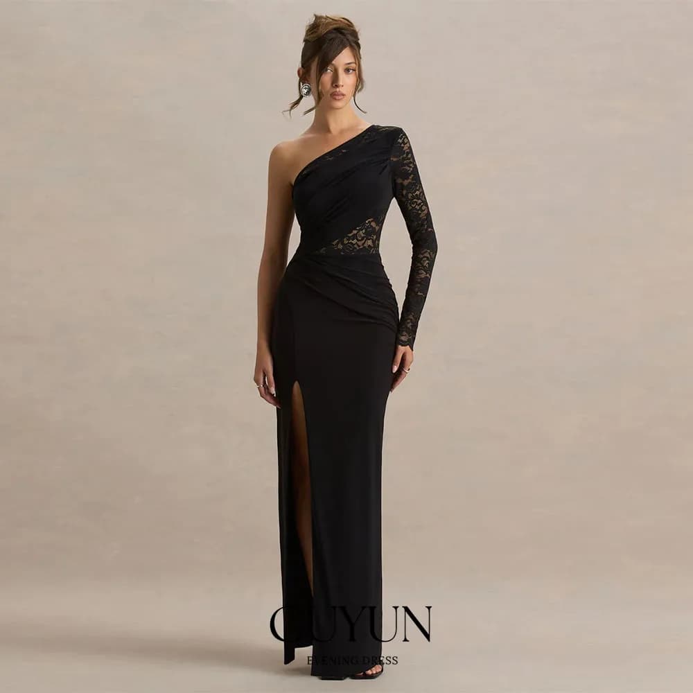 CUYUN Abiti da sera da sera personalizzati con maniche lunghe in pizzo monospalla con spacco Abito da cerimonia nuziale elegante e sexy per gli ospiti