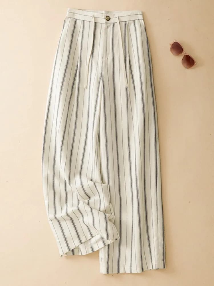 Pantaloni Casual da Donna in Cotone e Lino a Gamba Larga, Vita Alta, Gamba Dritta, Taglie Forti, Effetto Modellante