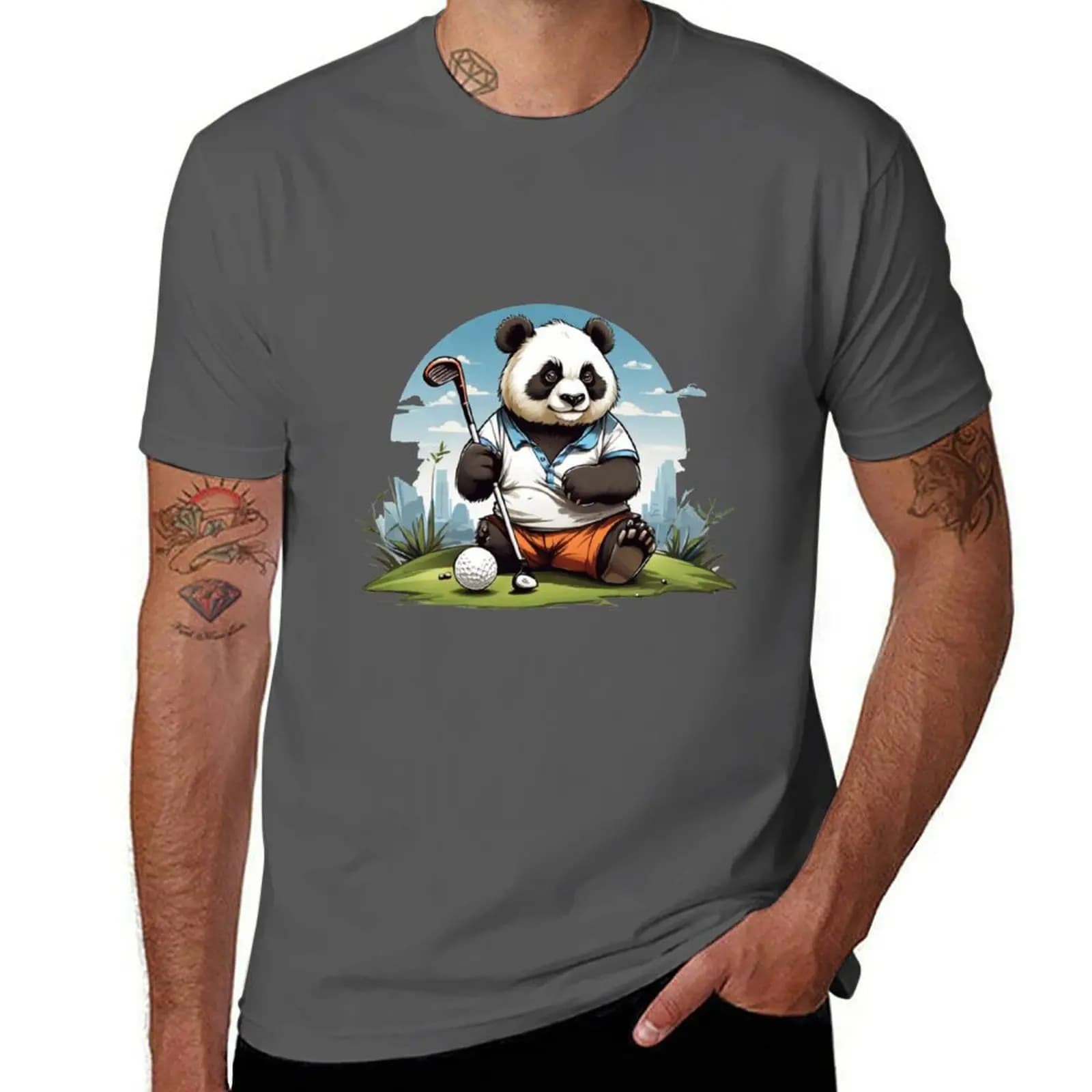 T-shirt Panda Happy Golf Playing T-shirt classica basic casual