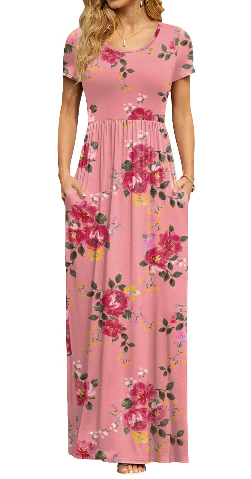 Womens Floral Maxi Dress Casual Short Sleeve Empire Waist Long Dress With Pockets