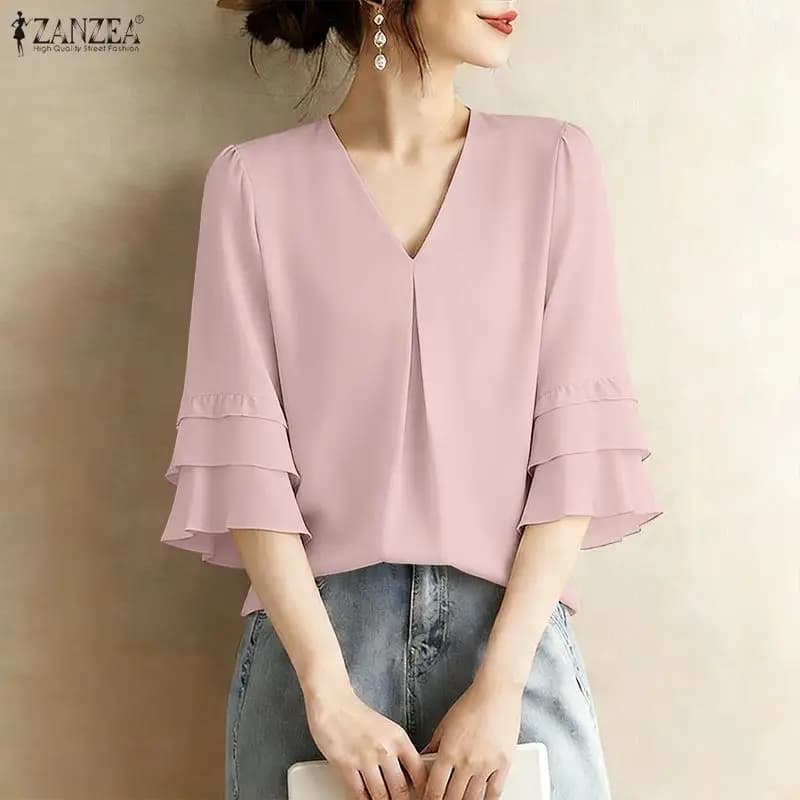 Camicetta Elegante Estiva 2026 con Maniche a 3/4 Arricciate ZANZEA da Ufficio per Donna, Blusa Casual con Scollo a V, Top Tinta Unita per Vacanze