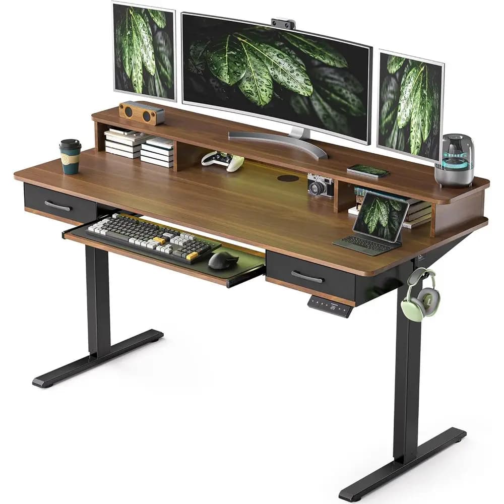 Scrivania Elettrica Regolabile in Altezza con Vano Portaoggetti, Scrivania Ergonomica Sit-Stand con Vassoio per Tastiera, Finitura in Noce Nero