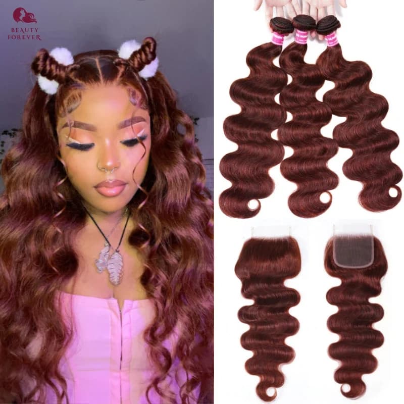 Fasci di capelli umani colorati di grado 12A con chiusura onda del corpo brasiliana marrone rossastro 3 fasci con chiusura in pizzo 4x4 per le donne