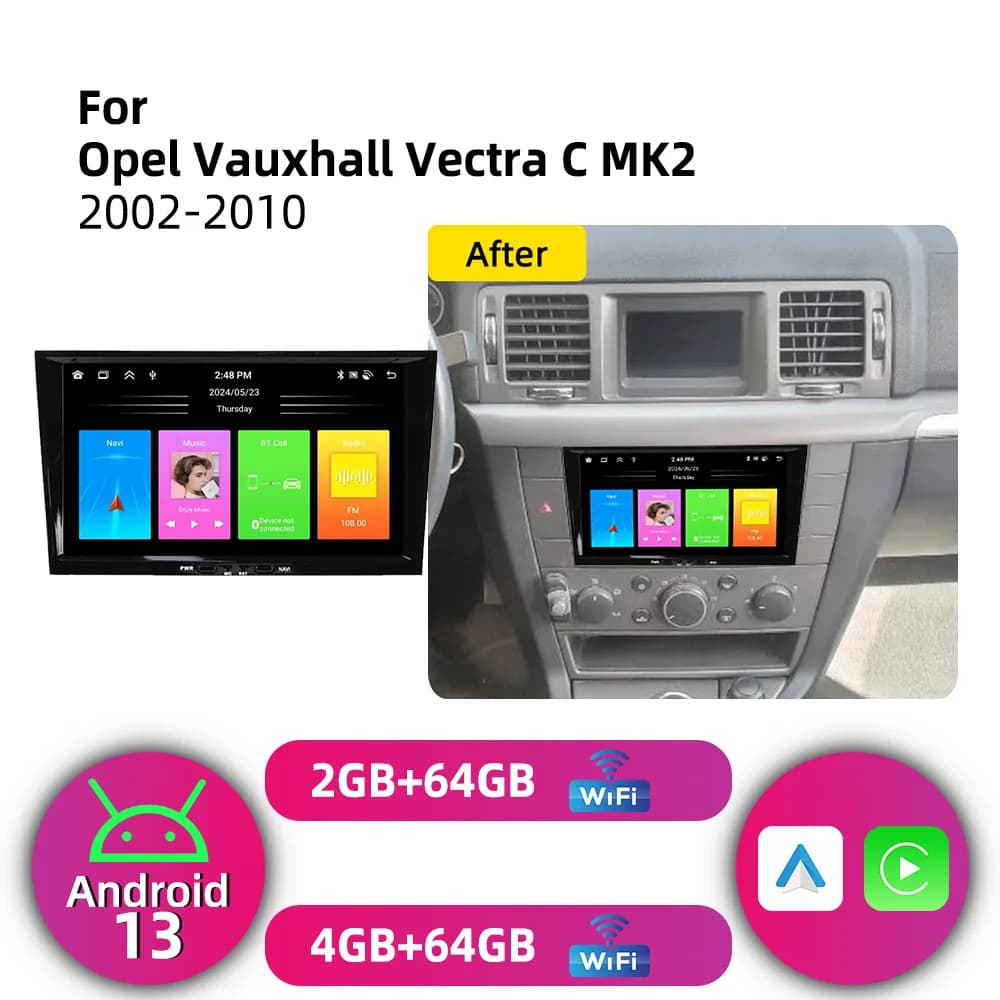 Autoradio Android 2 Din per Opel Vauxhall Vectra C MK2 2002-2010 con Carplay, GPS, WIFI, schermo multimediale da 8 pollici e stereo.
