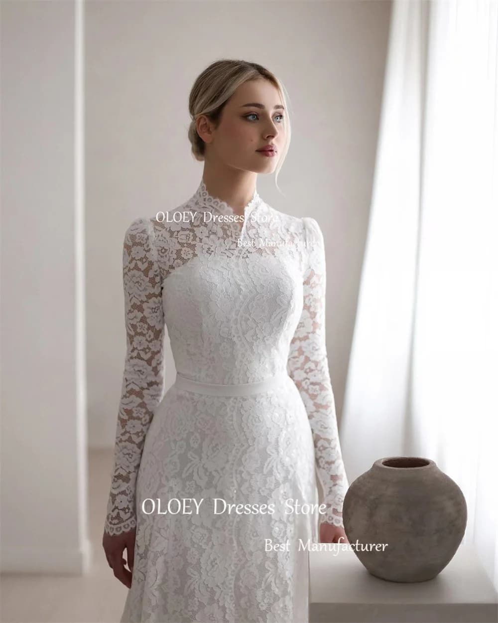 OLOEY Abiti da sposa eleganti in pizzo avorio A Line Servizio fotografico Manica intera Lunghezza pavimento Sweep Train Abiti da sposa Zip personalizzata