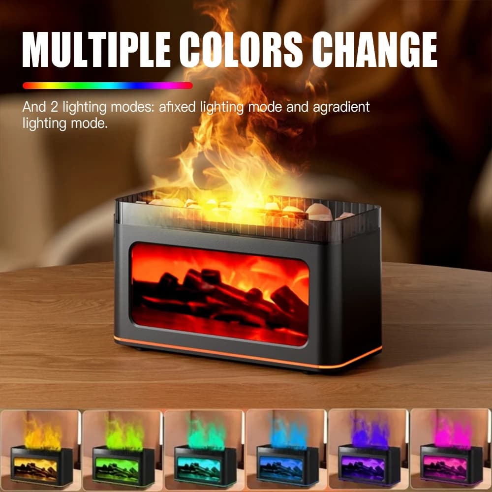 Diffusore di Aromi USB da Tavolo con Effetto Fiamma 3D, Umidificatore con 7 Colori, Purificatore d'Aria per Camera da Letto/Set di Oli Essenziali