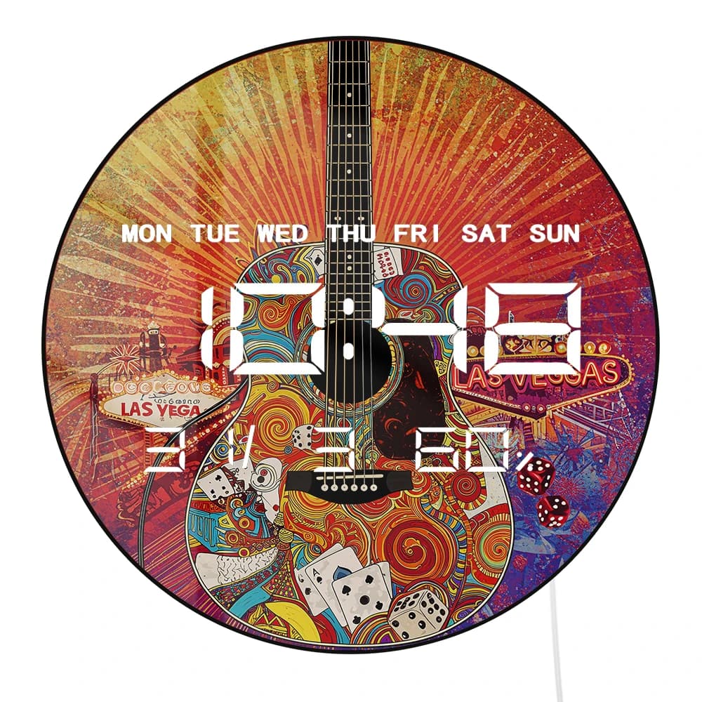Las Vegas psychedelic acoustic guitar multifunctional LED wall clock, large display, electronic table clock with automatic obscuring