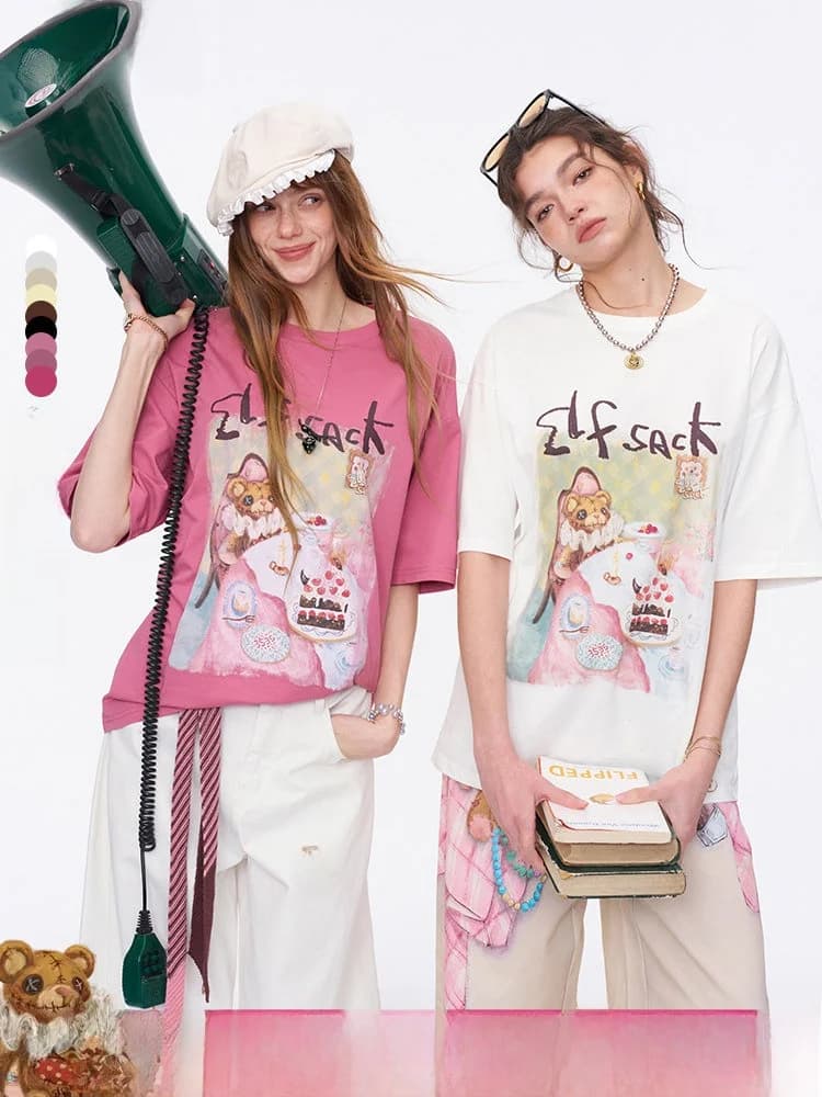 Slim Fit Short Sleeve T-Shirt Women's Summer Loose Printing Shoulder Insertion Fairy's Pocket Casual Style Cotton round Neck Top