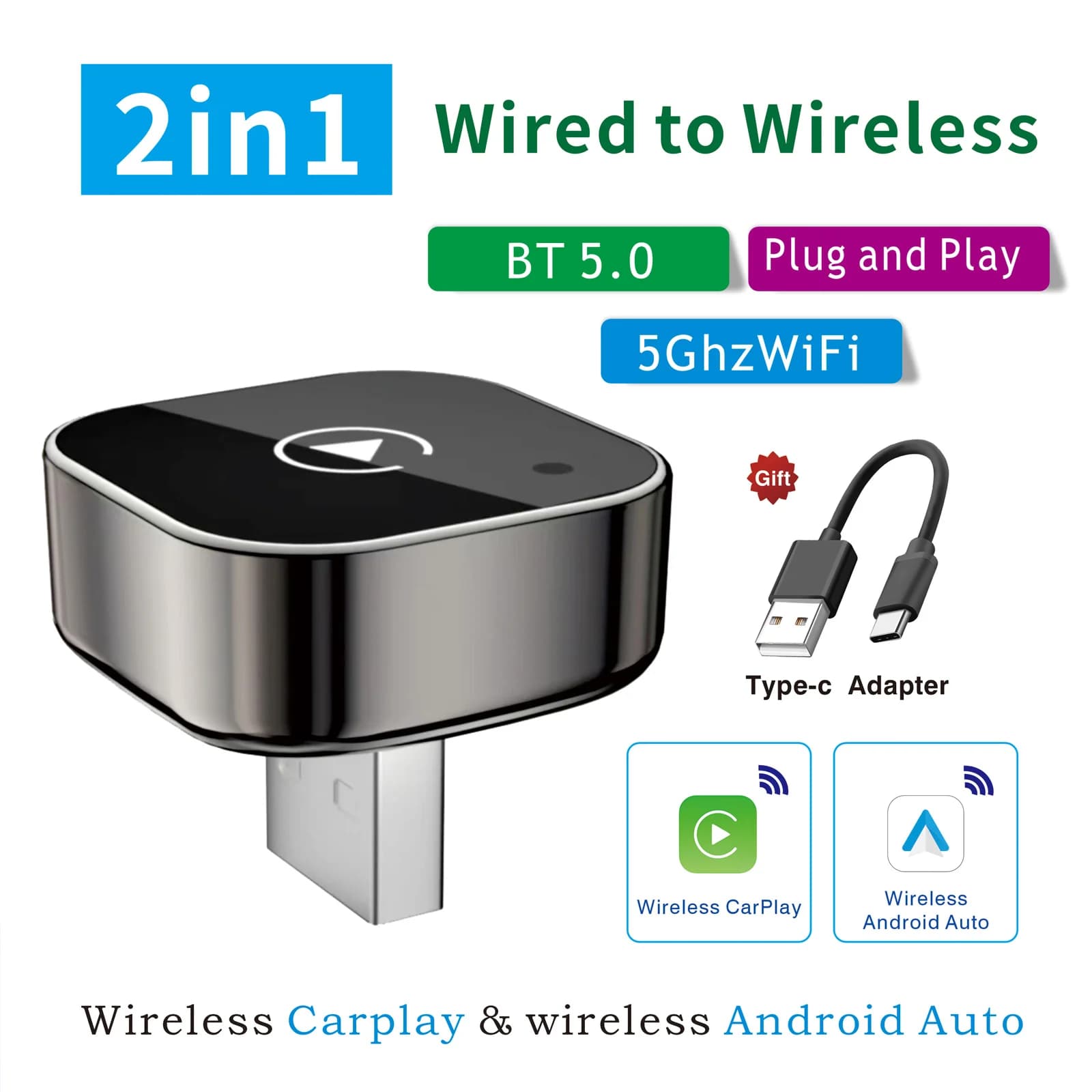 Wireless CarPlay Adapter for iPhone - Mini Plug & Play Auto Connect, low latency WiFi 5GHz, iOS 10+ compatible with CarPlay Wired