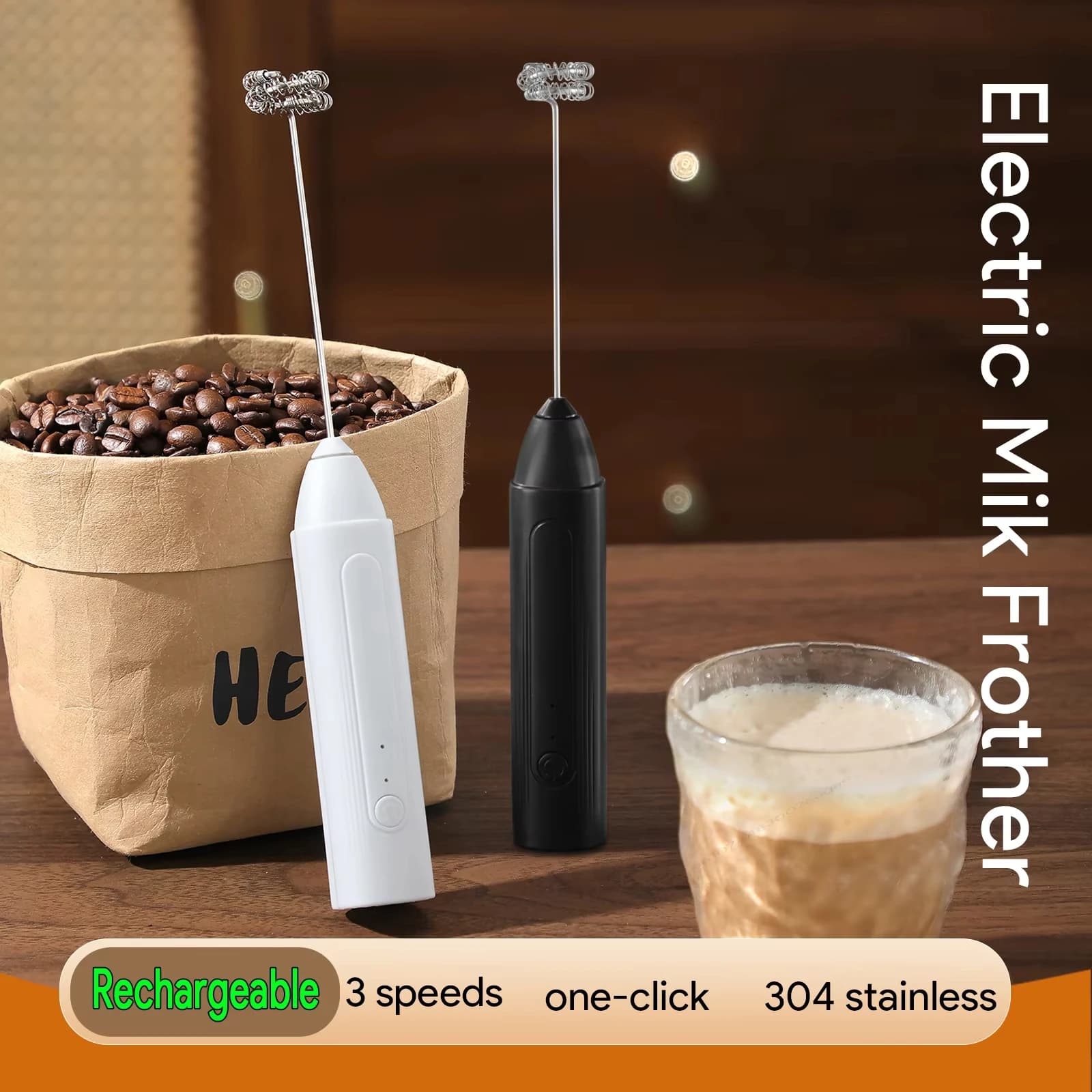 1 frullatore elettrico per latte e caffè, sbattitore per uova, montalatte, frullatore da cucina portatile ricaricabile a 3 velocità per marmellata, torte e creme