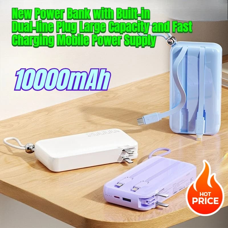 10000mAh New Power Bank with Built-in Dual-line Plug Large Capacity and Fast Charging Mobile Power Supply