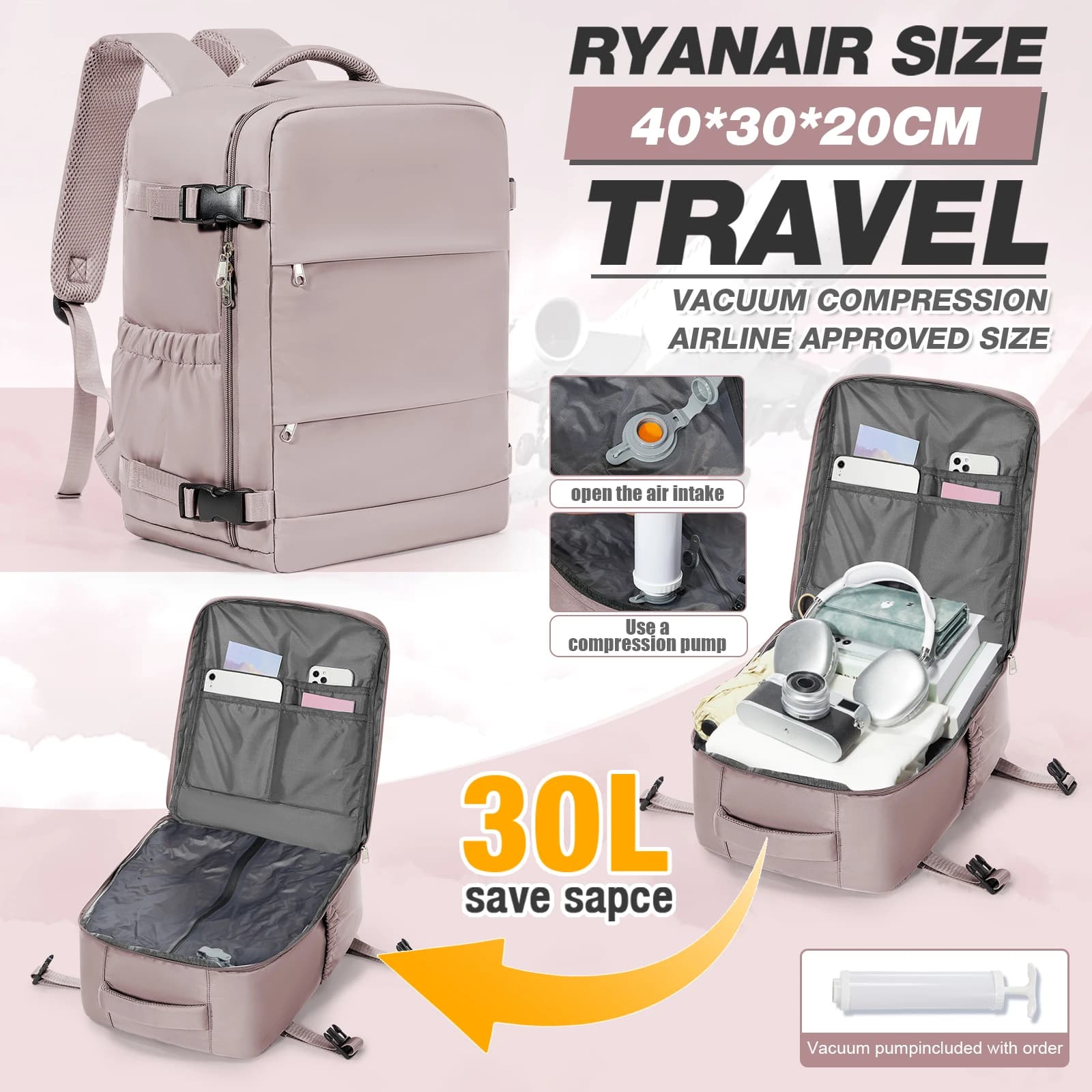 Zaino da donna, Zaino Vacuum, Borsa da cabina Ryanair 40x30x20, Zaino da viaggio sottosedile, Zaino porta PC, Zaino casual da trekking