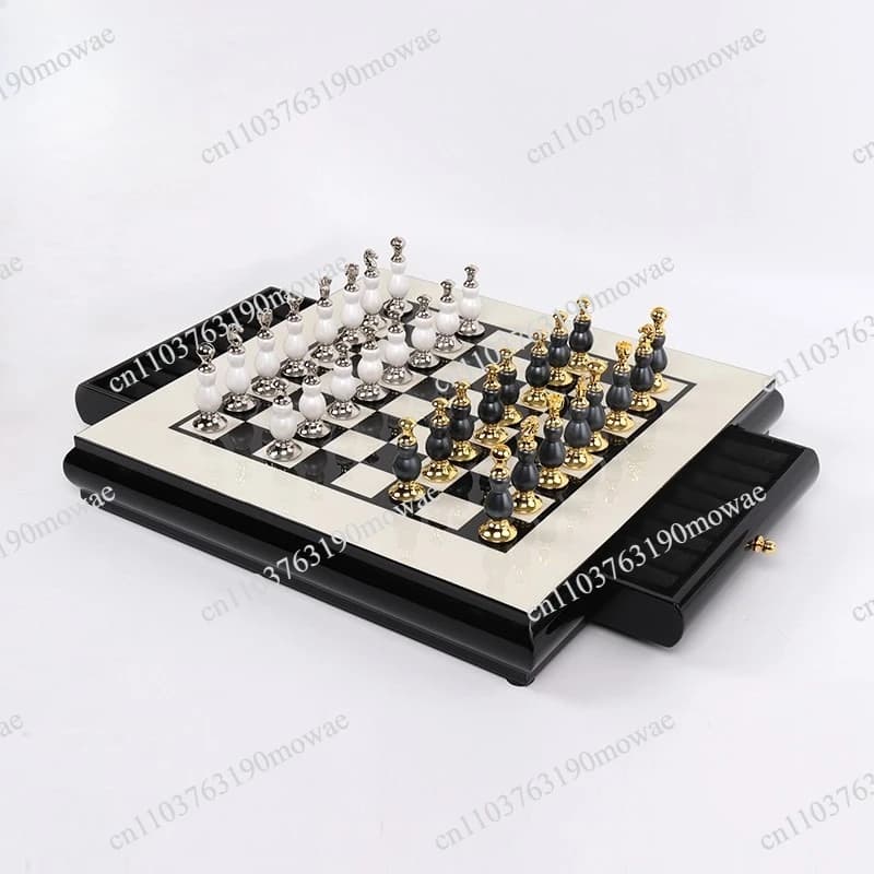 Wooden Chess Board Practice Set Creative Zinc Alloy Painted Chess Pieces