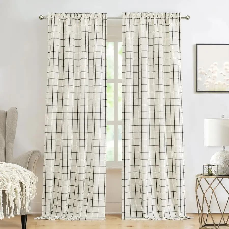 Set of Buffalo square curtains, filtering curtains light with woven pattern for living room and bedroom, semi-transparent.