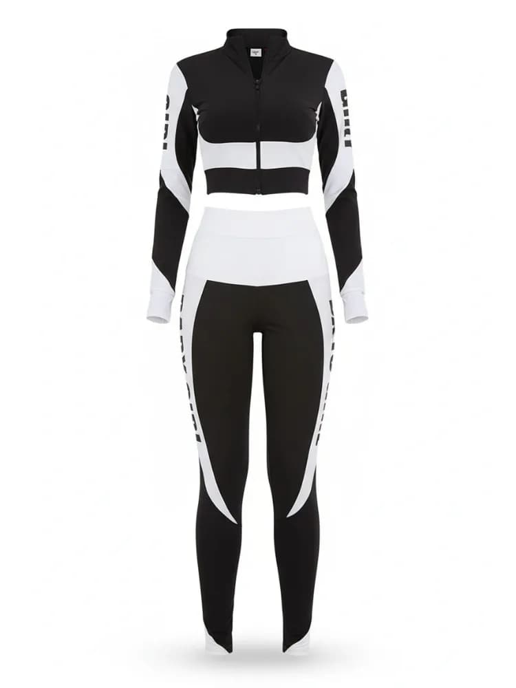 Completo Sportivo da Donna Gymdolphins, Due Pezzi Colorati, Giacca con Zip e Leggings a Vita Alta, Abbigliamento Fitness
