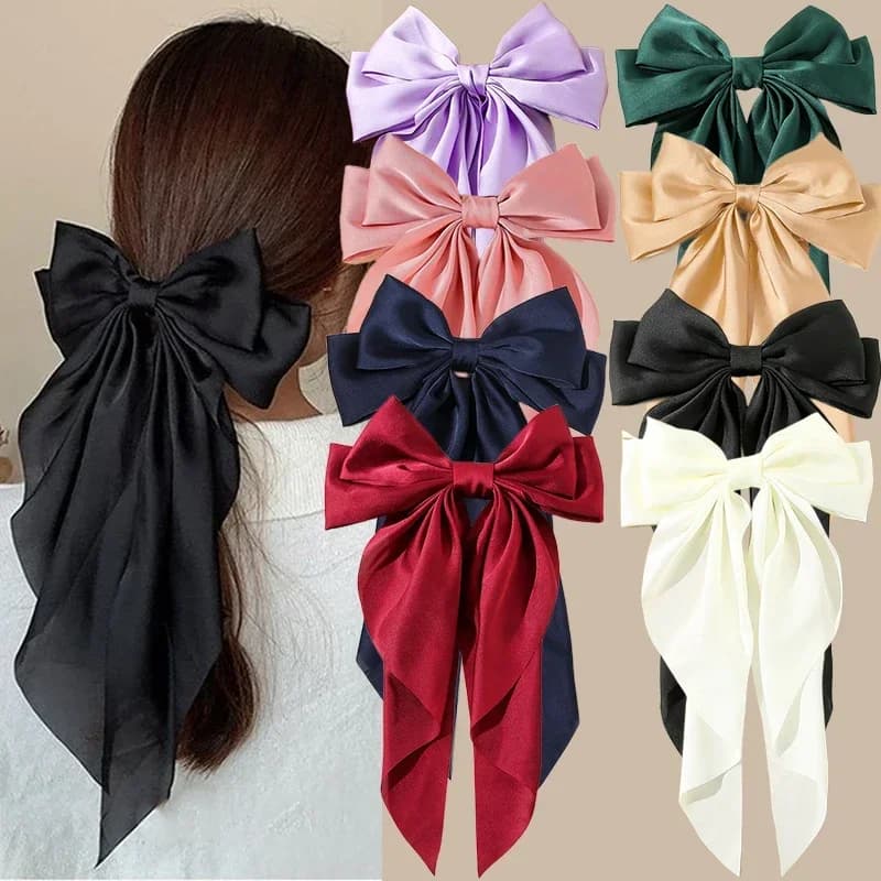 Korean accessories Hair clips for women Girls Big Bowknot Solid satin Long ribbon Strings Spring clamp Barette Cheveux Femme 2023