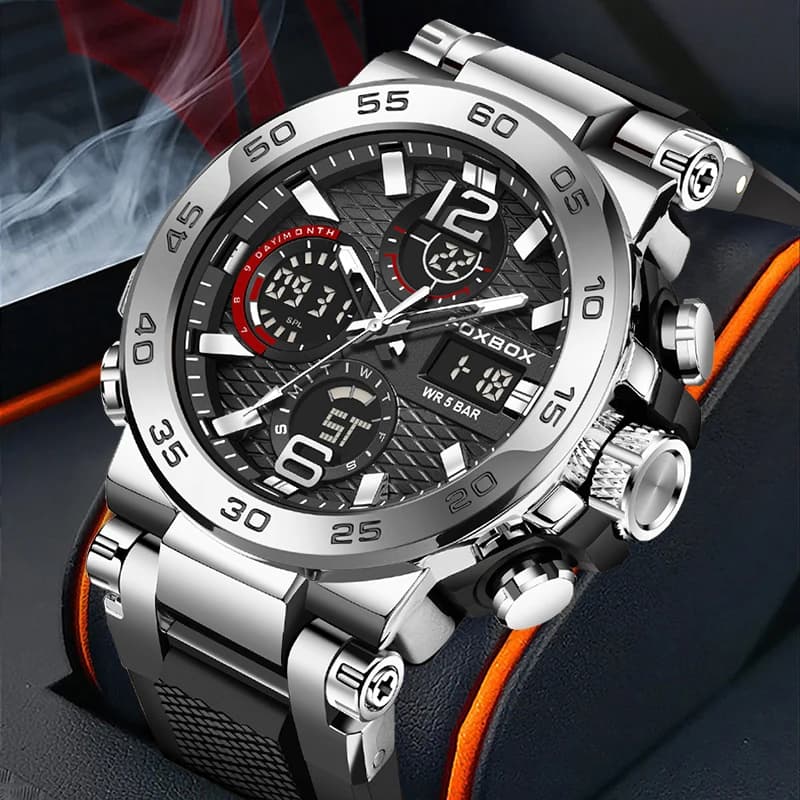 FOXBOX Dual Display Watch Men Outdoor Sports Military Silicone LED Backlight Chronograph Waterproof Watches Male Reloj Hombre