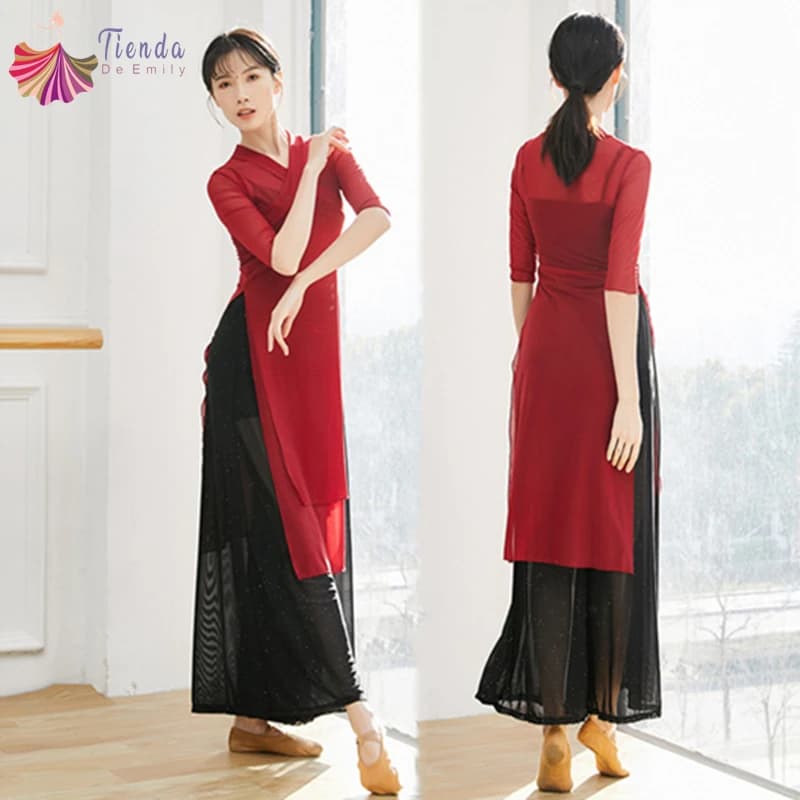 Top da danza moderna da donna con spacco laterale a due strati sul davanti in garza trasparente camicia centrale camicetta vedere attraverso il corpo rima folk Hanfu pratica top